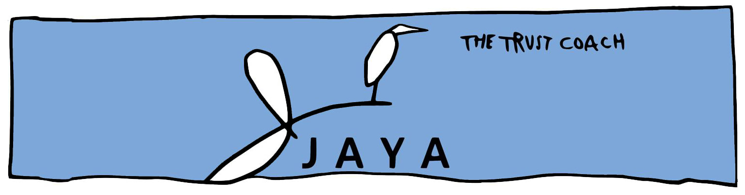 Logo for Jaya The Trust Coach. The background is sky blue, A script letter J is freehanded, with a long black stalk sweeping above, with a hand drawn image of a bird. 